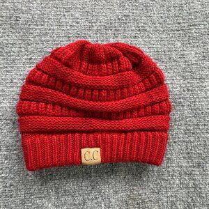 CC Beanie‎ Hat Cap Womens Red OS Stretch Fit Chunky Cable Knit Warm Ski Snow